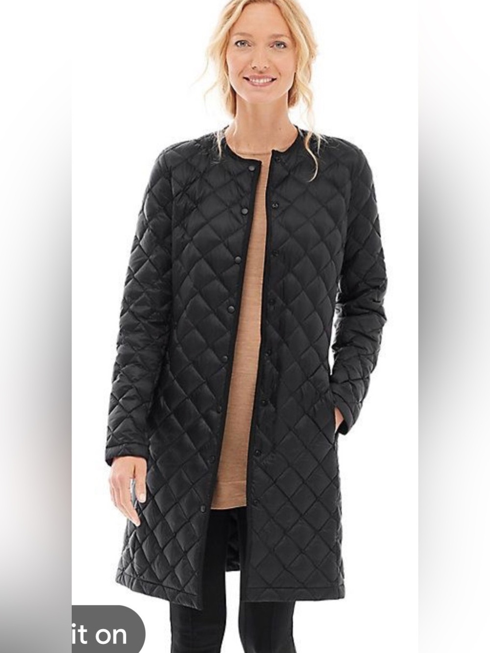 J. Jill Long Quilted Down Jacket Collarless Snap Front Black Size Small